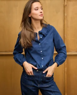 Acanthe Blouse grand col volanté velours Indigo Cheap