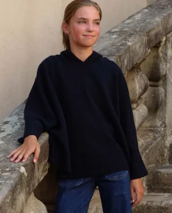 Acanthe Poncho capuche 100% lambswool Marine Clearance