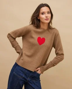 Acanthe Pull col rond jacquard coeur 100% cachemire Camel Online