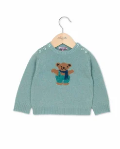 Acanthe Pull col rond jacquard ourson vert d'eau 100% lambswool vertd'eau Cheap