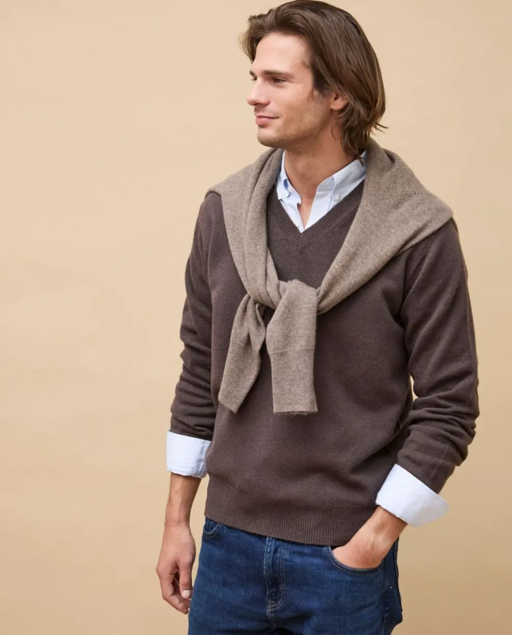 Acanthe Pull col V 100% lambswool Marron Online