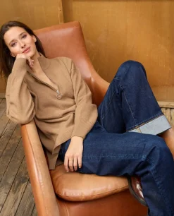 Acanthe Pull col zippé loose 100% lambswool Camel Cheap
