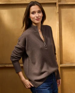 Acanthe Pull col zippé loose 100% lambswool Marron Hot