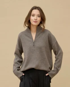 Acanthe Pull col zippé loose 100% cachemire Taupe Sale