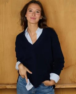Acanthe Pull loose V croisé 100% cachemire Marine Outlet